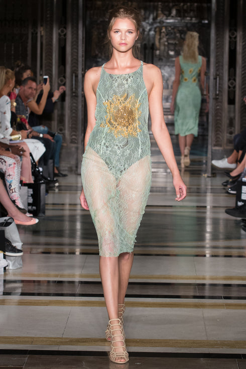 FRENCH LACE DRESS WITH SUNFLOWER INLAY DETAIL - Barrus London